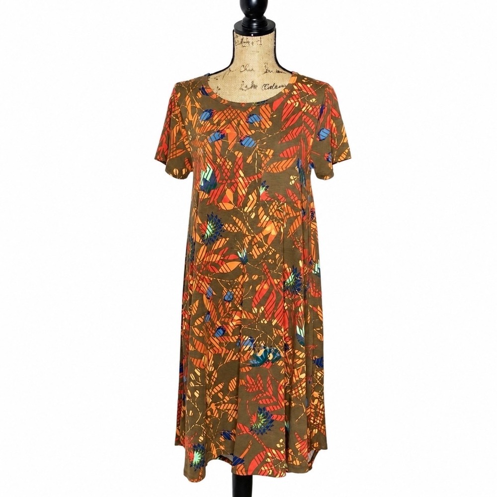 LULAROE- Dark Green Printed Carly Dress Size Small